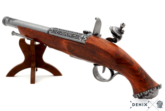 replika piracki pistolet skałkowy na stojaku Denix model 1103G+800